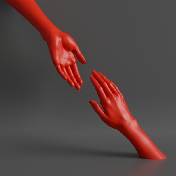3d渲染，女性手孤立，最小的时尚背景，帮助的手，红色人体模型身体部分，合作概念图片下载