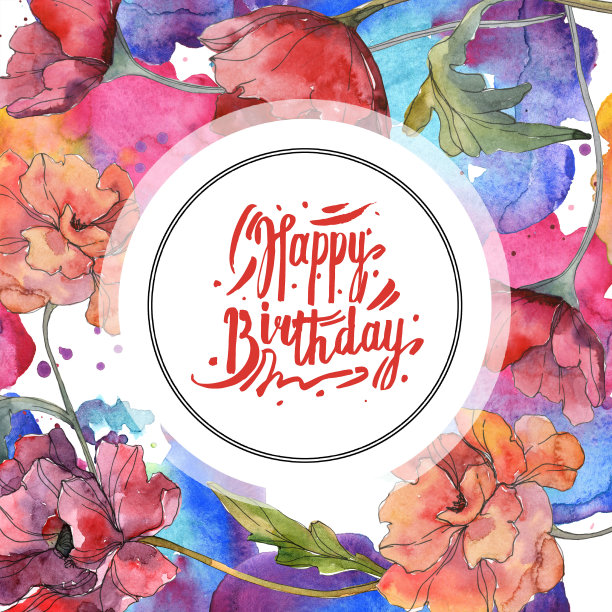 红罂粟，一种植物的花。水彩背景插图集。边框装饰方形。图片下载