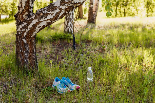 一瓶水。在草地上跳绳和运动鞋图片下载