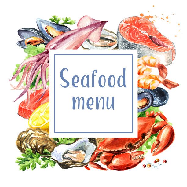 海鲜卡，水彩手绘插图孤立在白色背景素材图片