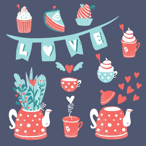 情人节去婚礼的剪贴画。可爱的糖果和一个有花和爱心的茶壶。横幅上写着爱的大写字母图片下载