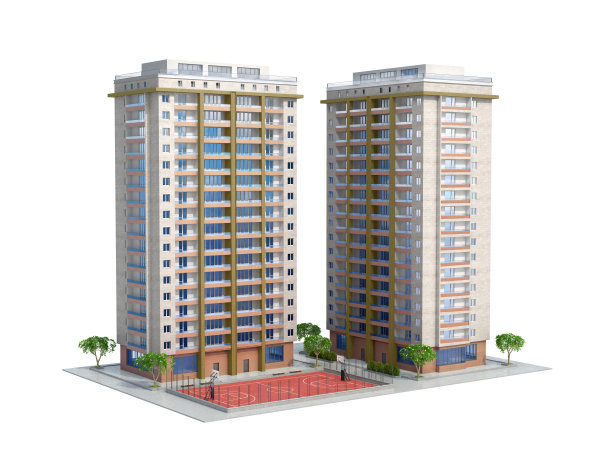 现代化的高层住宅楼有一个操场。3 d插图或摧毁图片下载