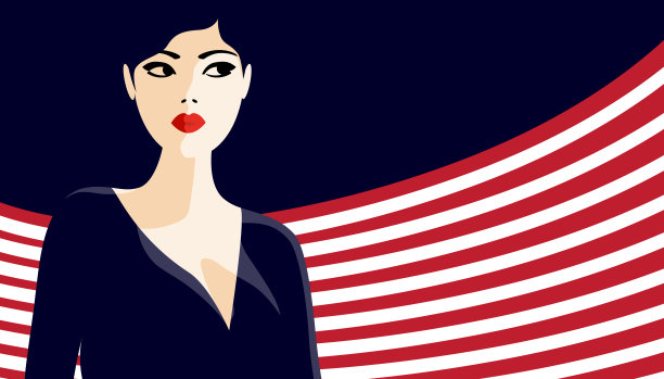 年轻的站着的模特女人与红色的口红和蓝色的背景矢量插图海报。图片下载