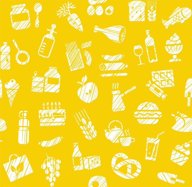 食品，无缝图案，杂货铺，铅笔底纹，单色，黄色，矢量。图片下载