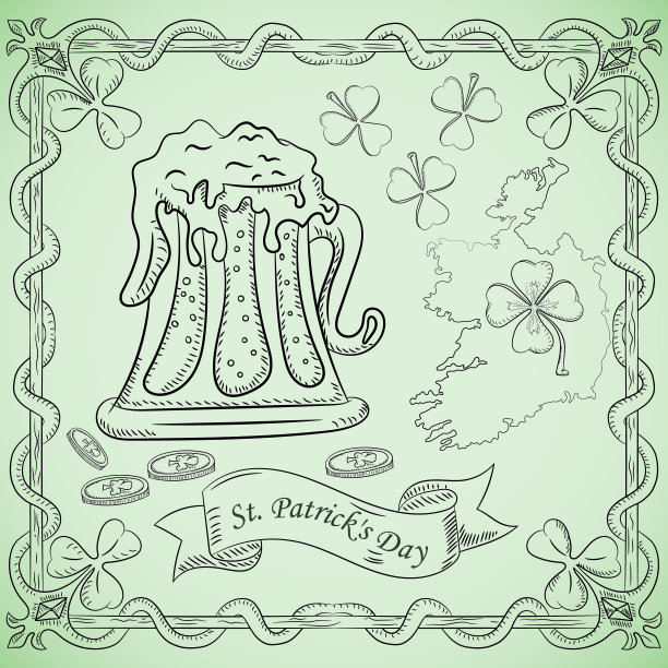 轮廓插画上色主题为庆祝圣帕特里克节，一杯带泡沫的啤酒图片下载