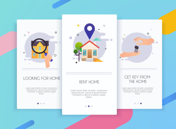 登陆屏幕用户界面工具包的移动应用模板房屋租赁概念。概念为网络横幅，网站，信息图表。图片下载
