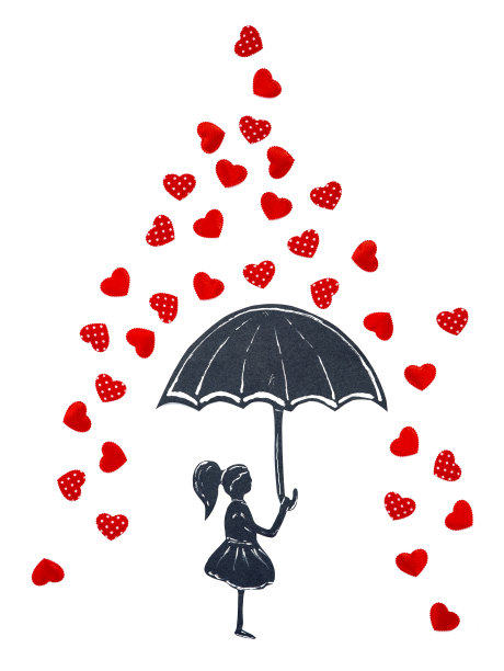 孩子撑着黑伞，下着红心阵雨图片下载