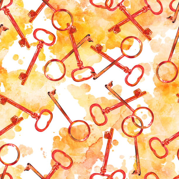 一个无缝水彩模式与手绘的黄金骨架键上黄色的背景纹理图片下载
