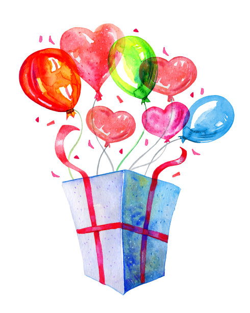 打开装有彩色气球的礼盒。手绘水彩插图图片下载