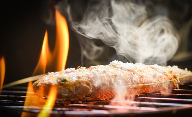 烤鱼/海鲜的特写，用盐和烟在烤架上烤鱼图片下载