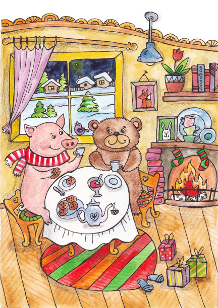 熊和猪的童话插图。熊和猪在屋子里喝茶，外面是冬天。水彩插图与动物图片下载