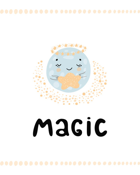 可爱的月亮与星星在手中的孩子插图与文字魔术在手绘形状的背景。卡通插图，卡片，海报，托儿所，织物。北欧风格。图片下载