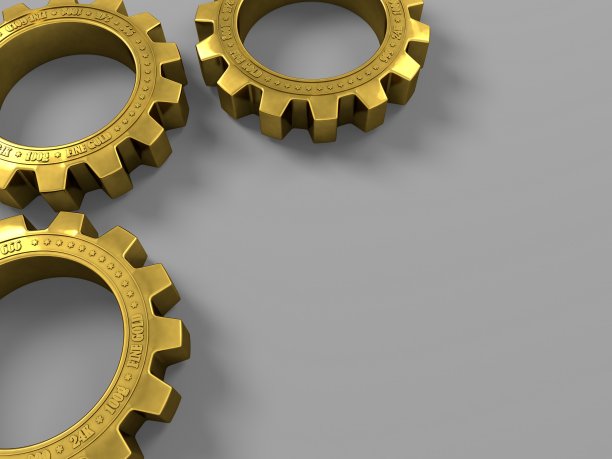 金色金属齿轮在灰色背景反射，特写。3D渲染，3D插图。图片下载