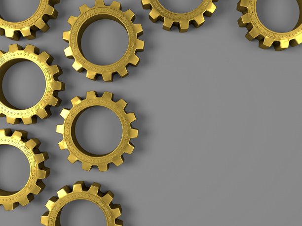 金色金属齿轮在灰色背景反射，特写。3D渲染，3D插图。图片下载