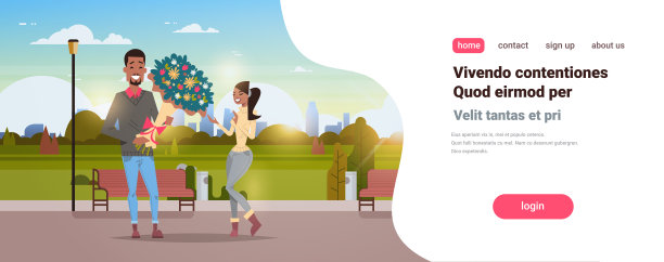 男人礼物女人花束快乐情人节节日概念非裔美国夫妇在爱情城市城市公园城市景观背景复制空间水平图片下载