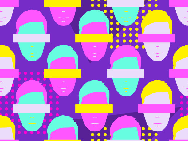 男性面部的无缝模式，带有波普风格的元素。Zine文化背景丰富多彩。矢量图图片下载