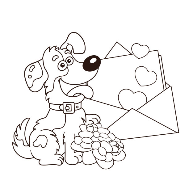 彩色页面轮廓的卡通狗与花和字母。贺卡。的生日。情人节。儿童涂色书。图片下载
