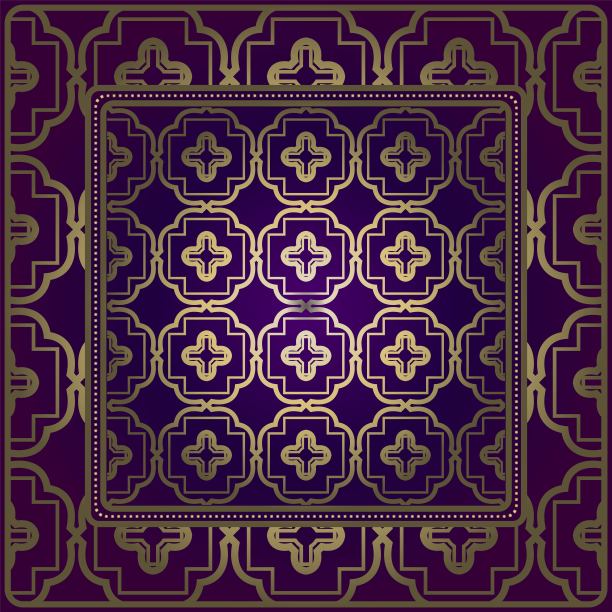 几何装饰装饰。对称模式。采购产品印花大手帕，披肩，台布，织物时尚，围巾，设计。紫色，金色图片下载