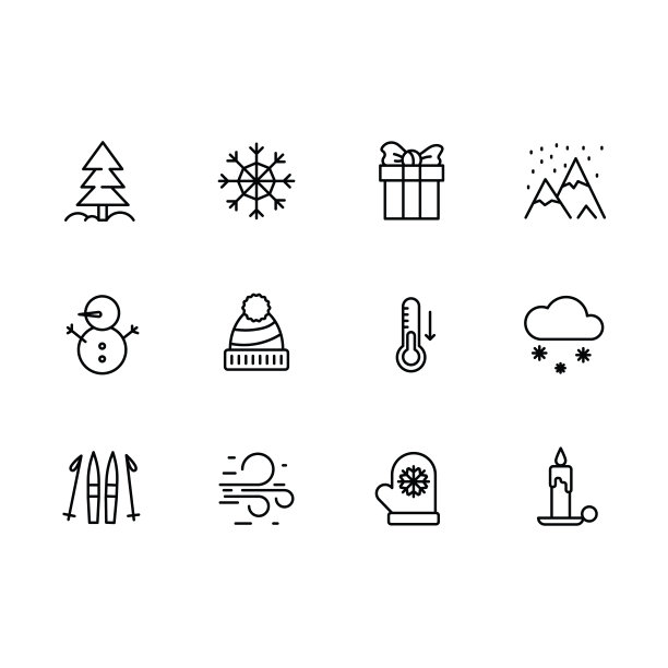 简单的设置符号冬季季节线图标。包含这样的图标圣诞树、雪花、礼物、雪花、雪山、滑雪板、雪人、手套、温度计、蜡烛图片下载