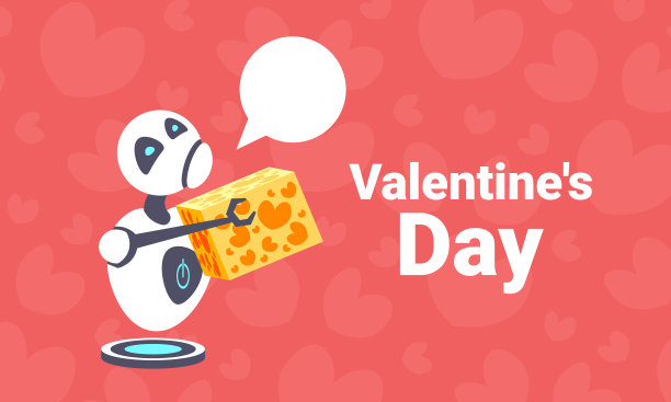 疲惫的机器人抱着礼盒礼物情人节快乐概念聊天泡泡通信人工智能数字技术平横贺卡图片下载