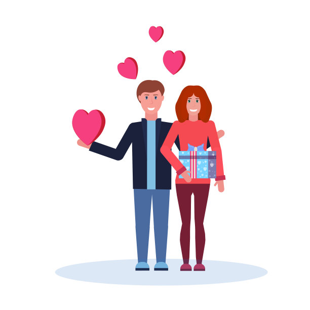 情侣在爱与礼物盒惊喜快乐情人节庆祝概念男人女人情人站在一起，红心形状的背景孤立全长图片下载