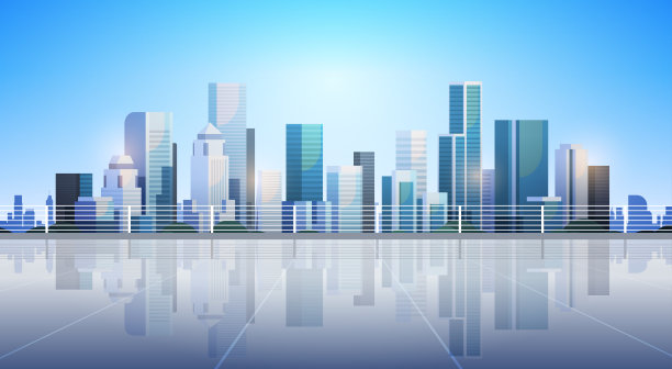大型现代城市建筑摩天大楼全景阳光城市景观背景天际线平坦水平图片下载
