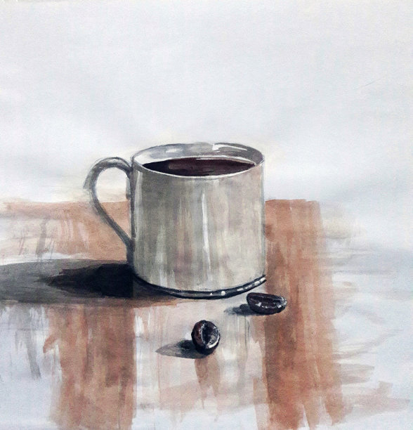 桌上放着咖啡豆和一杯咖啡图片下载