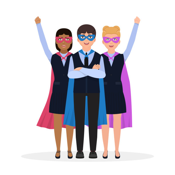孩子们穿着超级英雄的服装，角色是平的风格，一个男孩和两个女孩，一个超级团队矢量插图图片下载