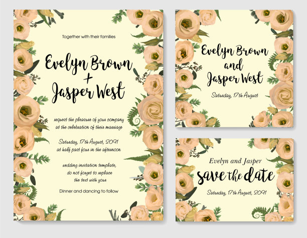 集矢量婚礼请柬，贺卡，保存日期。蕨类植物、野蔷薇、黄杨木、桉树和花的绿叶。水彩画，乡村风格，横幅图片下载