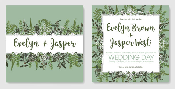 设置为婚礼请柬，贺卡，保存日期，横幅。复古框架与绿色蕨叶，黄杨木，布鲁尼亚和桉树。孤立的图片下载