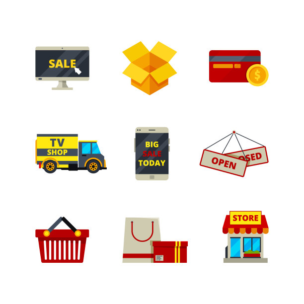 网上购物图标。网上商店，支付卡，钱，零售商店，电子商务，计算机，符号，销售产品，服务，矢量，平面图片图片下载