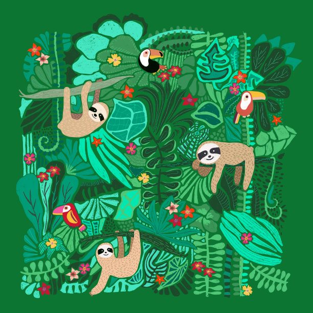 可爱的树懒挂在丛林的树上。手绘可爱的动物插图。雨林插图。有趣的树懒，巨嘴鸟，花，叶子。纸张，孩子，房间装饰，博客文章图片下载