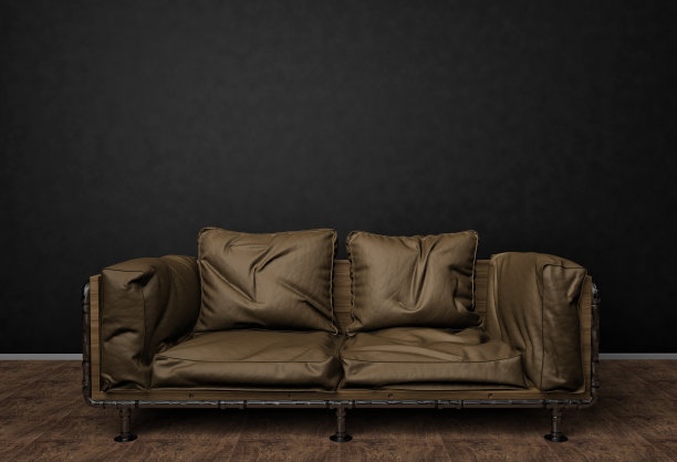 阁楼内部模拟照片。棕色的皮革沙发。极简主义的风格。背景照片与文本复制空间。黑色墙壁和木地板。3 d演示。图片下载