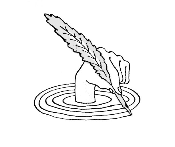 讽刺画。用羽毛笔在自己周围画一个螺旋。素材图片