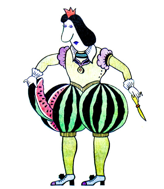 西瓜裤子里的国王。蔬菜之王。讽刺画。图片下载