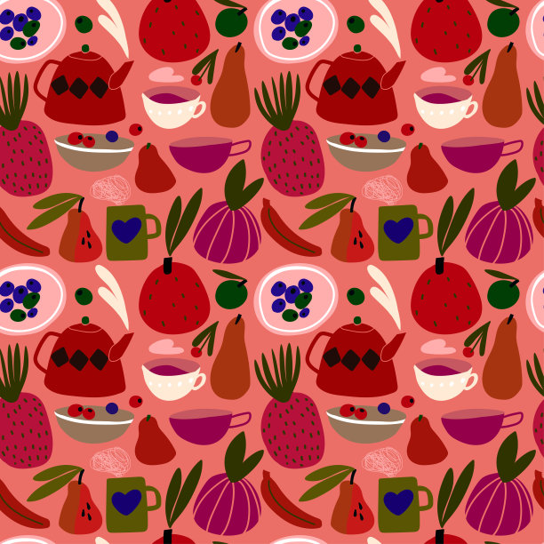 图案与食物，茶壶和杯子热茶和咖啡的桌子上的水果在粉红色和红色色调。图片下载