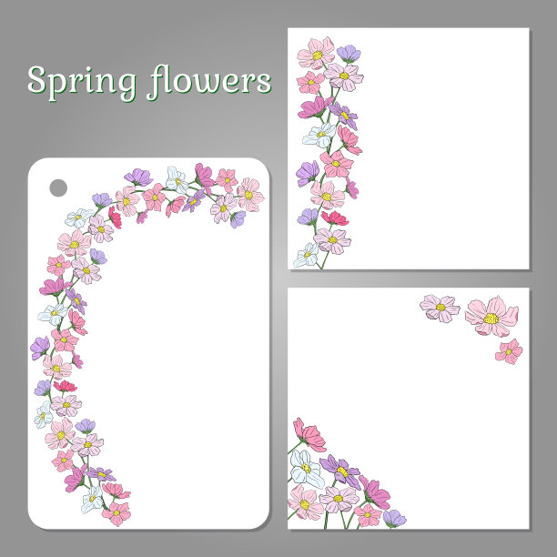 一套模板与春天的彩色花朵。图片下载