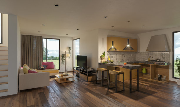 开放式概念厨房和休息室的楼梯图片下载