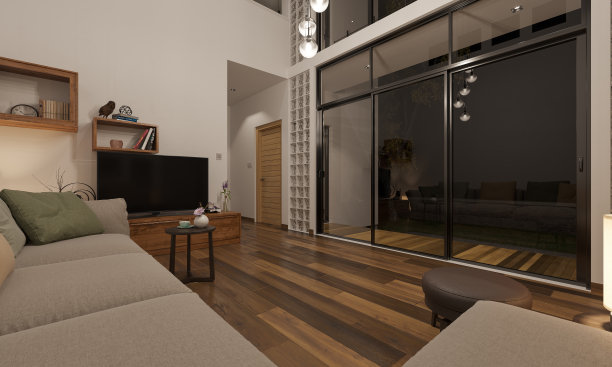 客厅和天井的夜间渲染图片下载