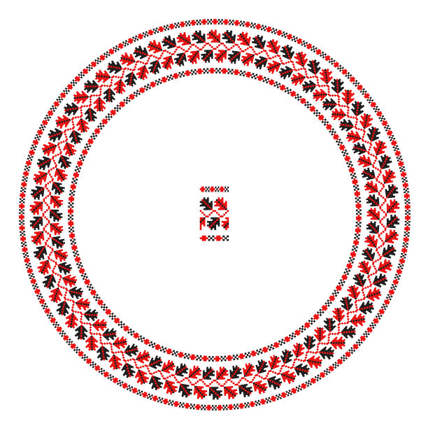绣得好像手工十字绣的乌克兰民族图案。圆形装饰，民族风格，红色和黑色图片下载