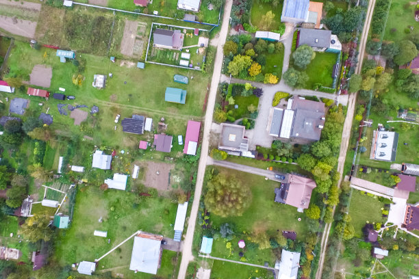 俯瞰村庄，村庄附近的田野和森林。图片下载