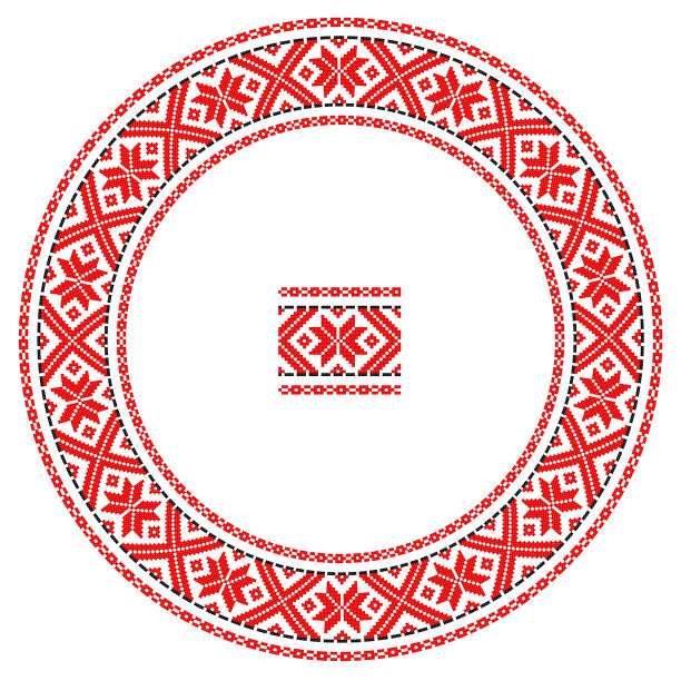 绣得好像手工十字绣的乌克兰民族图案。圆形装饰，民族风格，红色和黑色素材图片