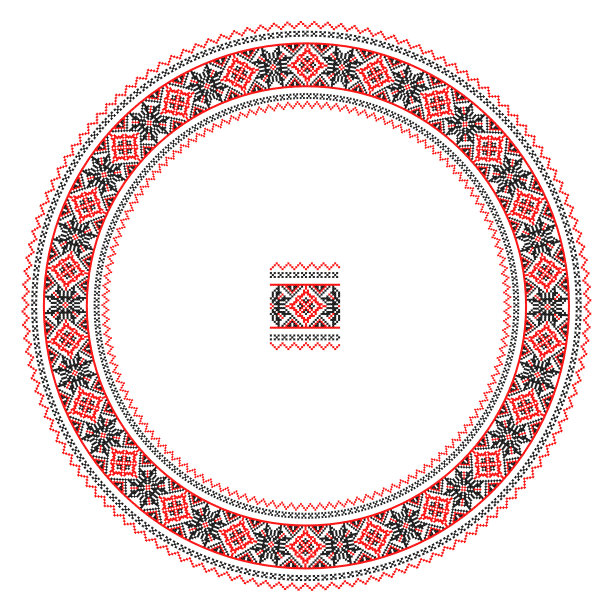 绣得好像手工十字绣的乌克兰民族图案。圆形装饰，民族风格，红色和黑色素材图片