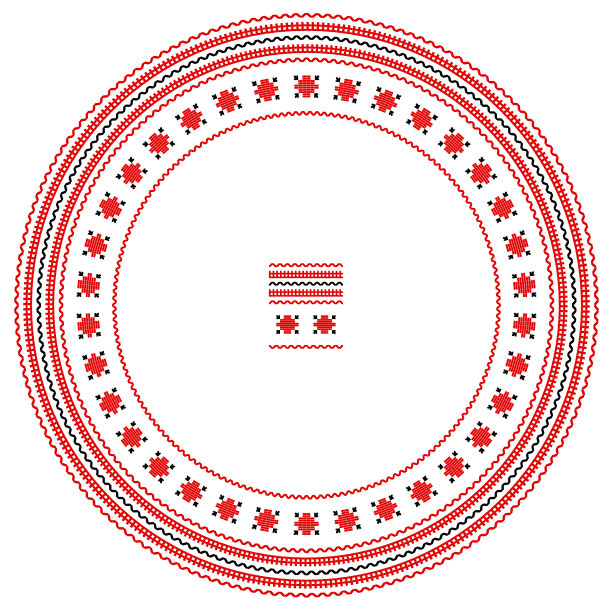 绣得好像手工十字绣的乌克兰民族图案。圆形装饰，民族风格，红色和黑色素材图片
