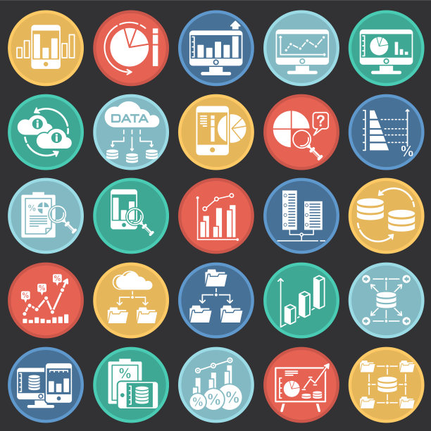 数据分析图标设置在彩色圆圈黑色背景的图形和网页设计，现代简单的矢量符号。网络的概念。时髦的符号为网站设计网页按钮或移动应用程序。图片下载