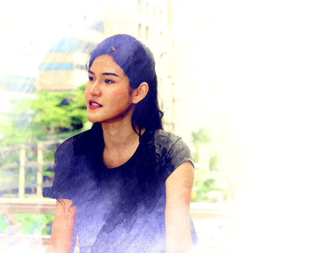 美丽的亚洲运动女孩肖像行走在水彩插画画的背景。图片下载