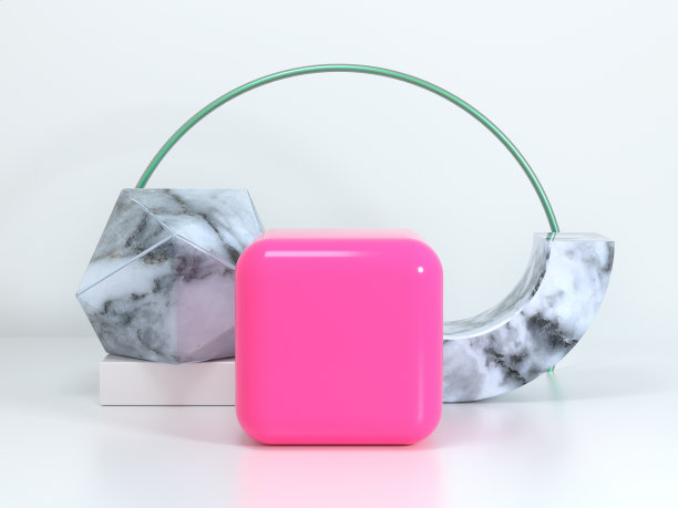 白色几何场景粉色立方体形状半圆形大理石纹理空白裙房3d渲染图片下载