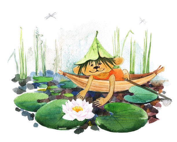 一艘由芦苇组成的小船上，一种不同寻常的生物把它的爪子伸向了莲花。素材图片