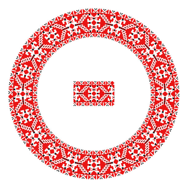 绣得好像手工十字绣的乌克兰民族图案。圆形装饰，民族风格，红色和黑色图片下载