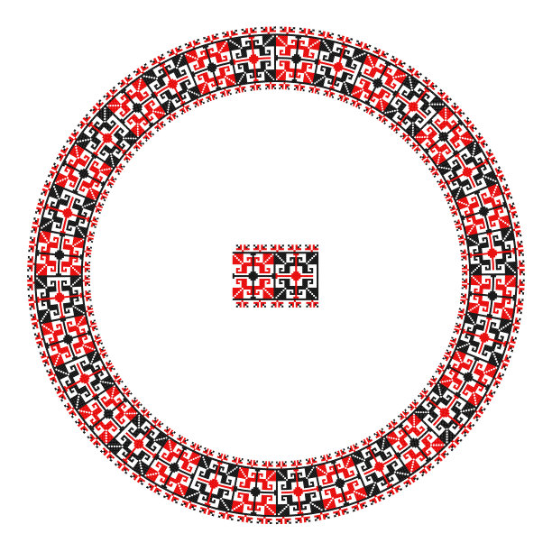 绣得好像手工十字绣的乌克兰民族图案。圆形装饰，民族风格，红色和黑色素材图片